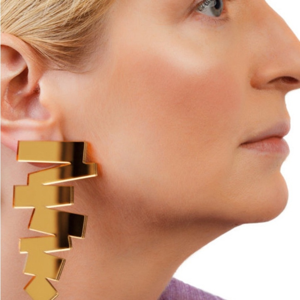 2/$30🌵 Gold Mirror Zig Zag Earrings Statement Tribal Geometric Aztec Gift NEW - Picture 2 of 8